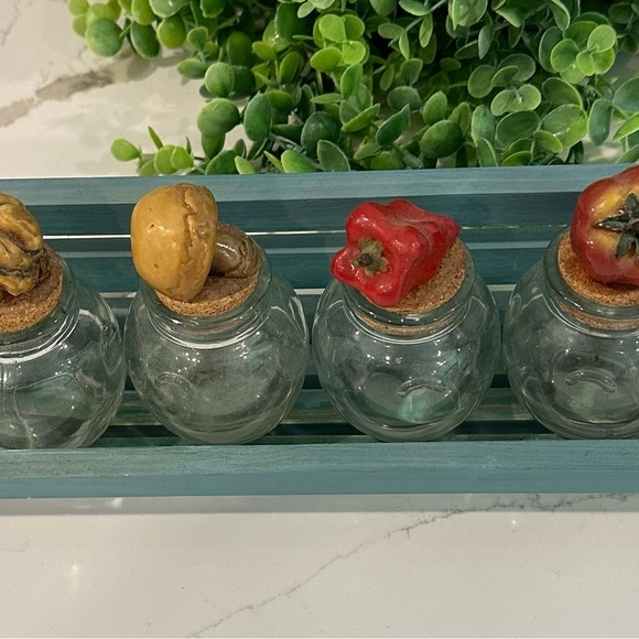 Spice Rack Kitchen  Wooden Wall with Glass Jars Mushroom Veggies EUC - Picture 4 of 10